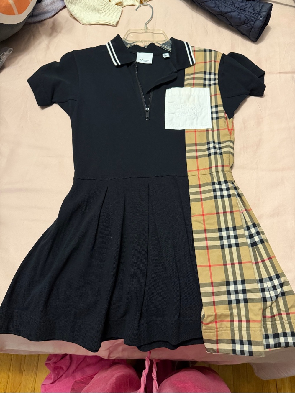 Burberry Black Polo Dress with Signature Beige Check Panel